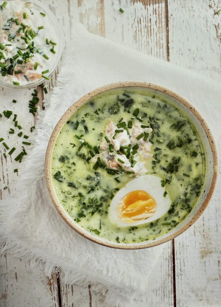 Creamy Spinach Soup with Cured Salmon Salad and Boiled Eggs