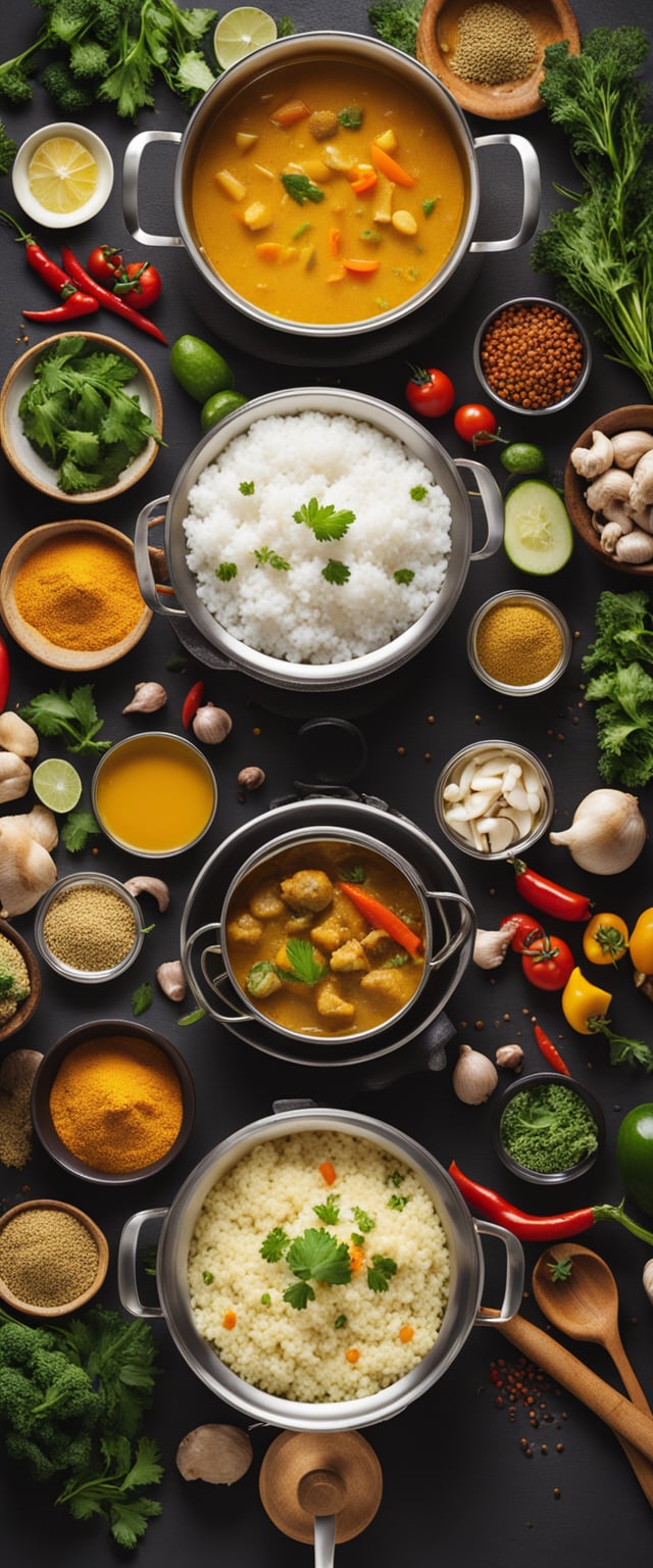 A pot of steaming vegetable curry simmering on a stovetop, surrounded by colorful spices and fresh ingredients