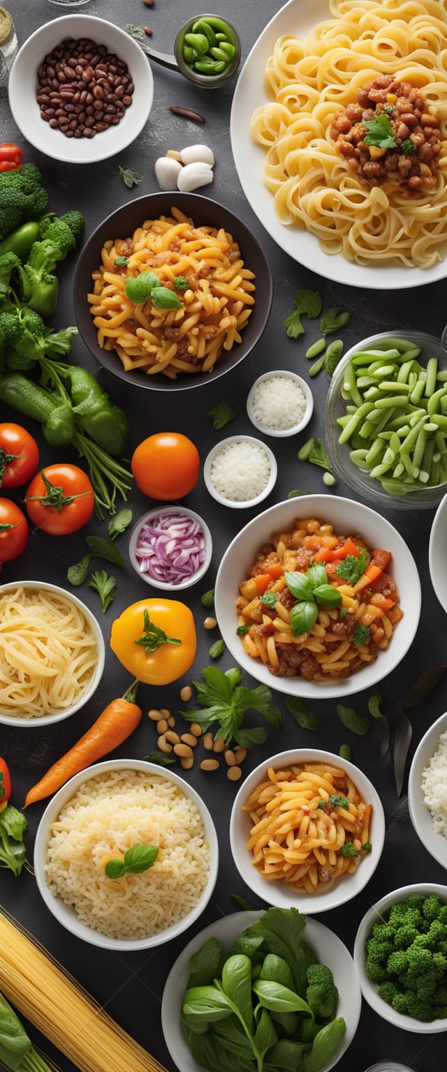 A table set with a variety of affordable dinner options, such as pasta, rice, and beans, surrounded by colorful vegetables and simple ingredients