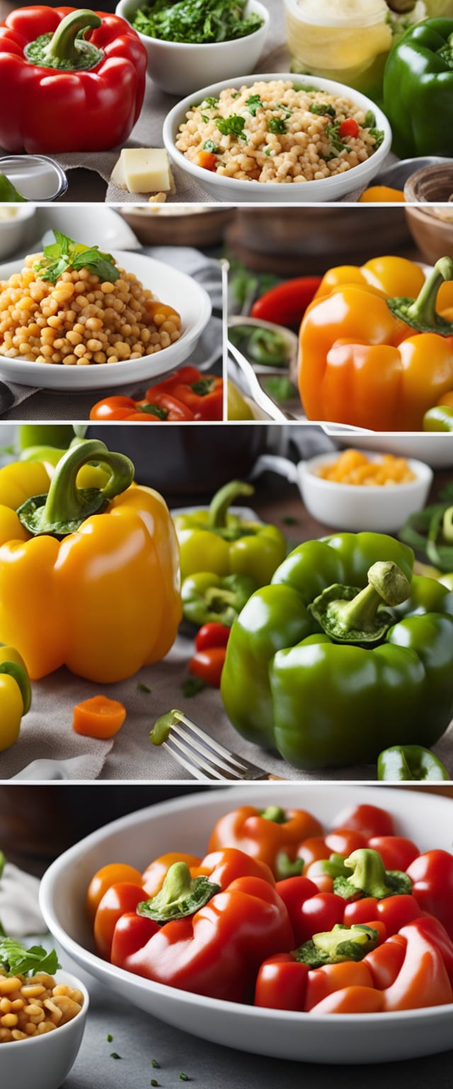 A table set with colorful stuffed bell peppers surrounded by various inexpensive dinner ingredients