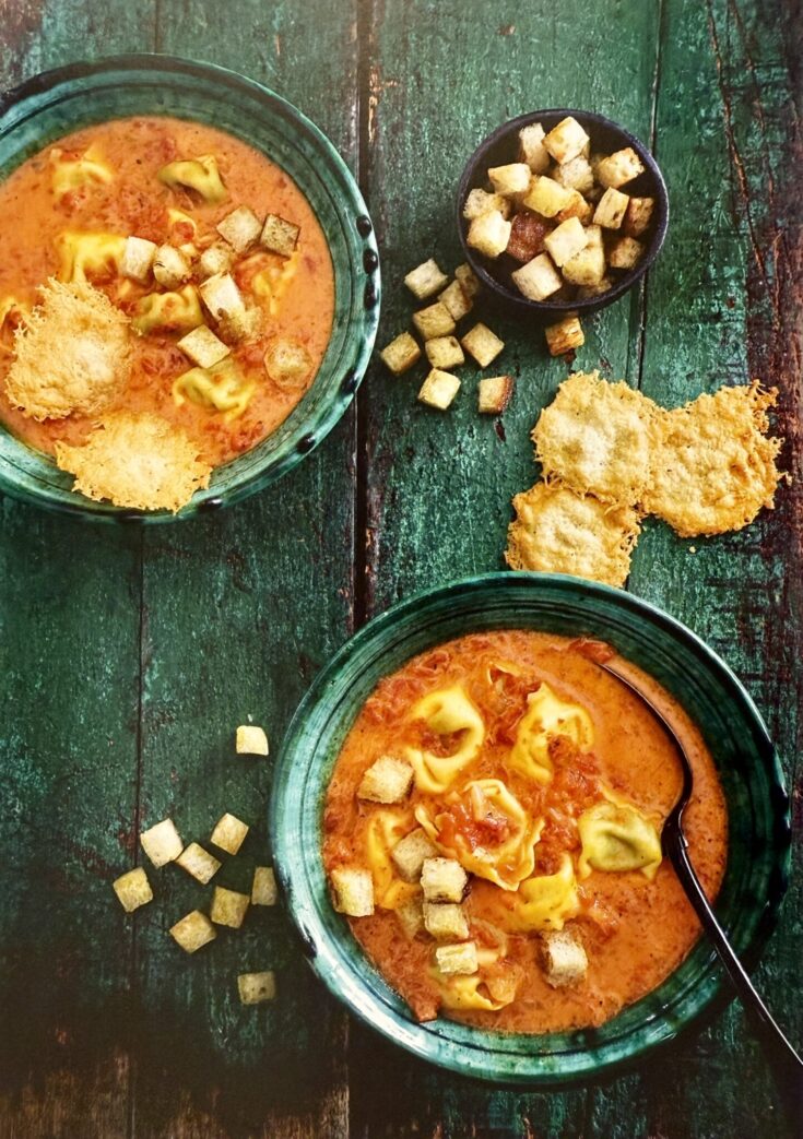 Paprika and Tortellini Soup with Croutons and Parmesan Chips