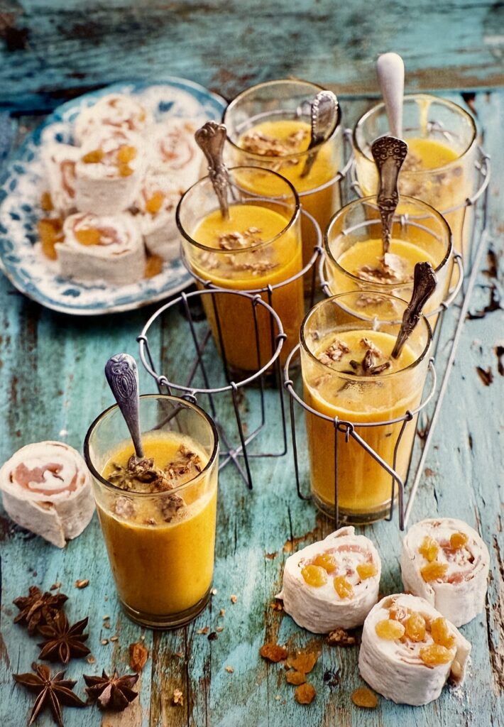 Spiced Pumpkin Bisque with Goat Cheese Salmon Pinwheels