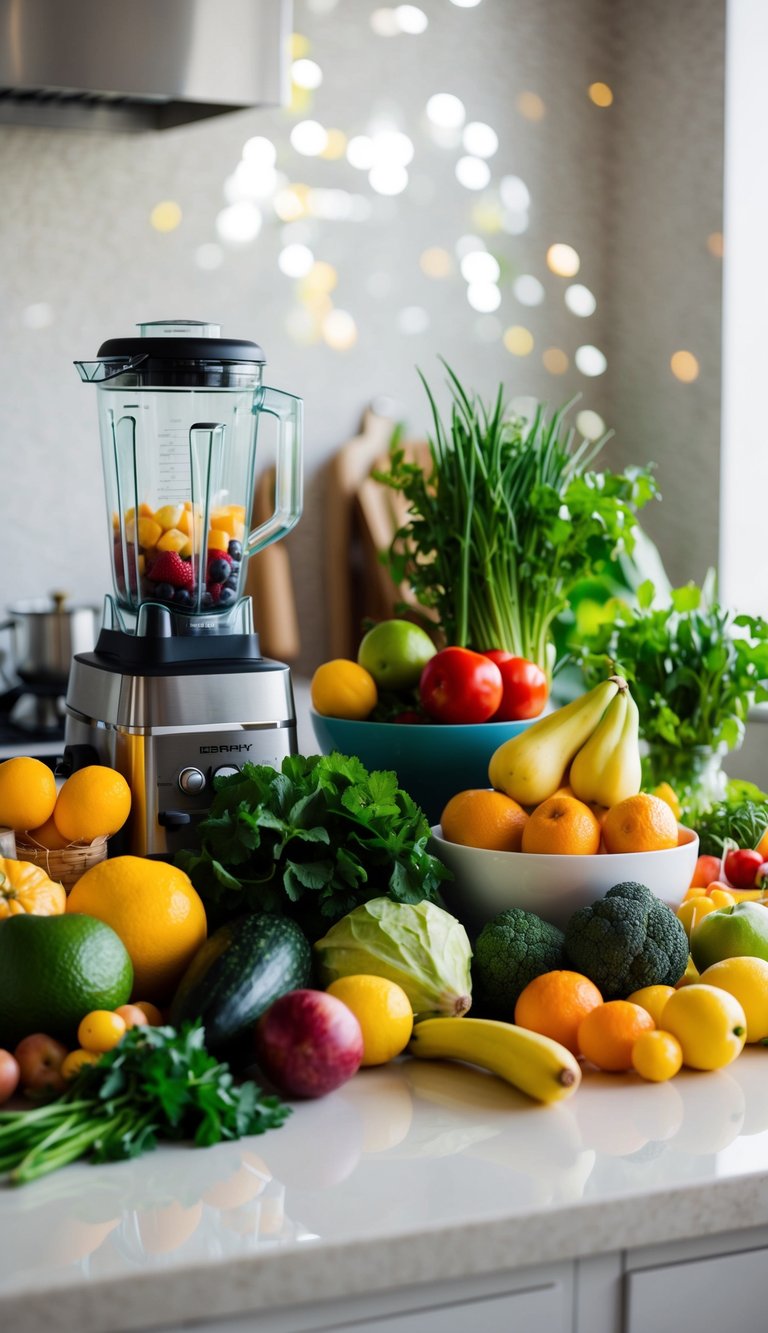 A kitchen counter with a variety of fresh fruits, vegetables, and other ingredients laid out next to a blender