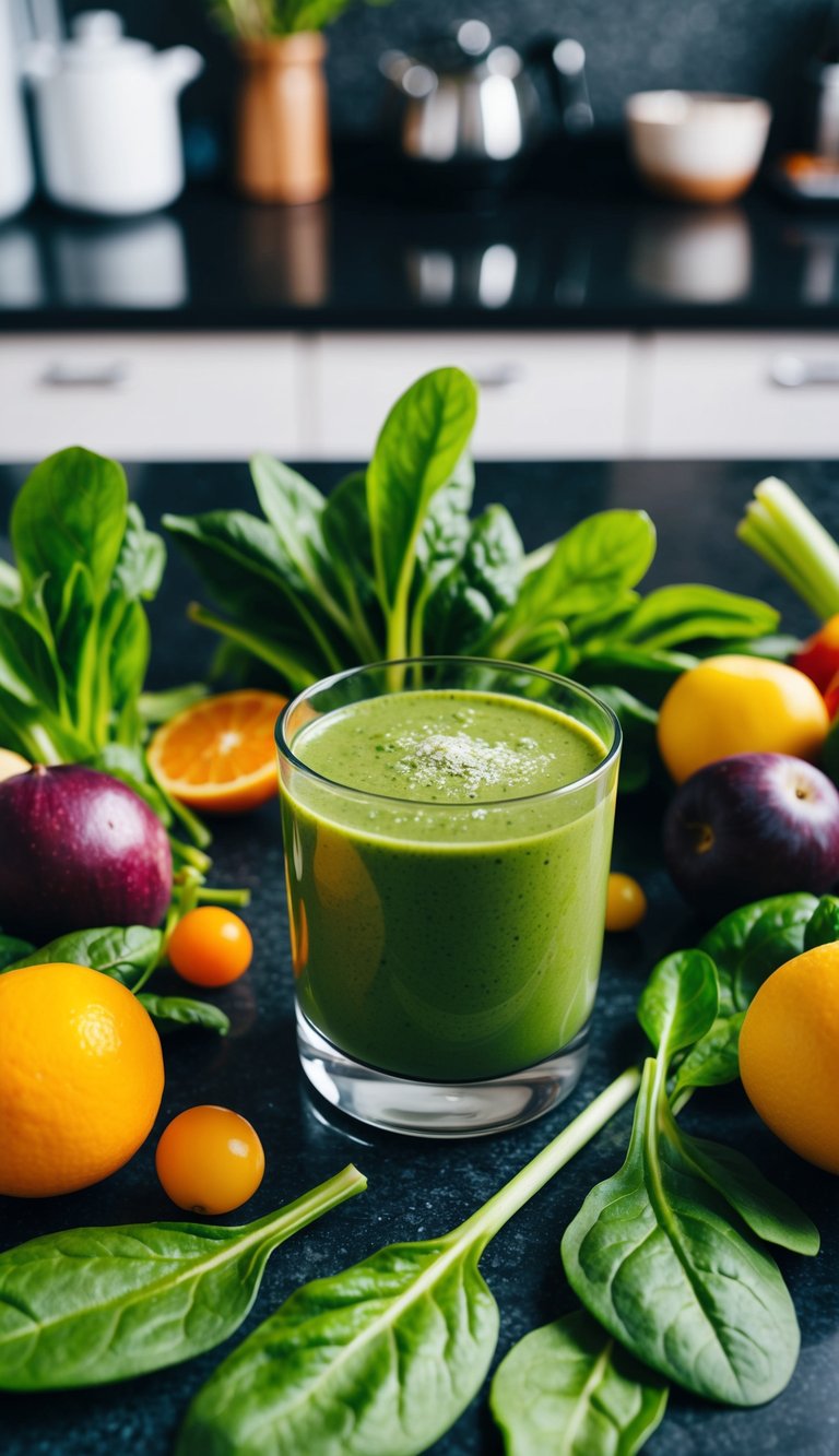 A vibrant green smoothie surrounded by fresh spinach leaves and other colorful fruits and vegetables, sitting on a kitchen counter