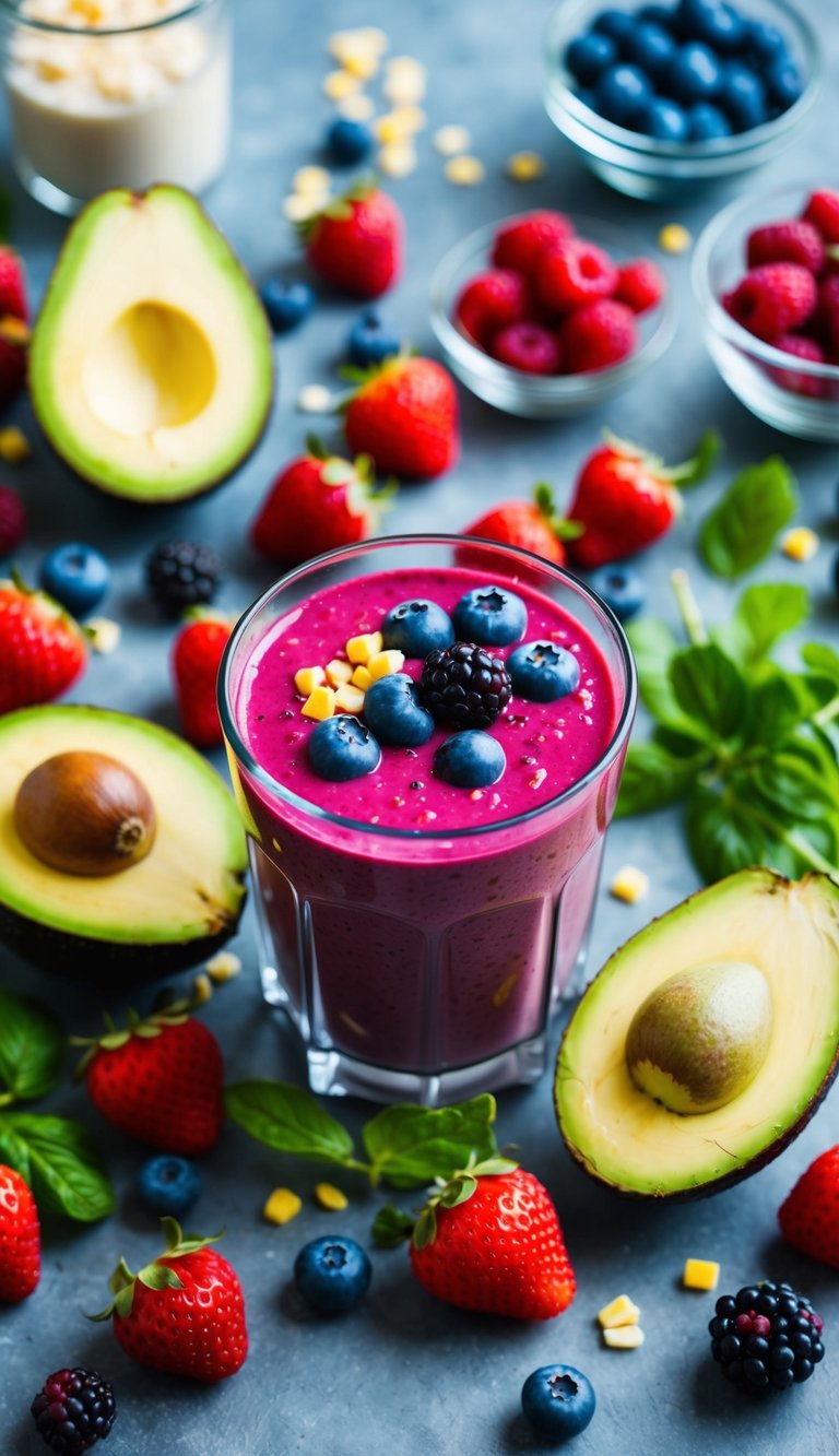 A colorful array of fresh berries and avocado surrounded by ingredients for a healthy smoothie, including a blender and glass