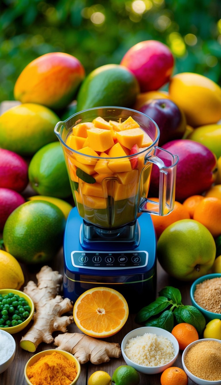 A colorful array of fresh mangoes, ginger root, and other vibrant fruits and vegetables arranged around a blender, with a variety of smoothie ingredients scattered nearby