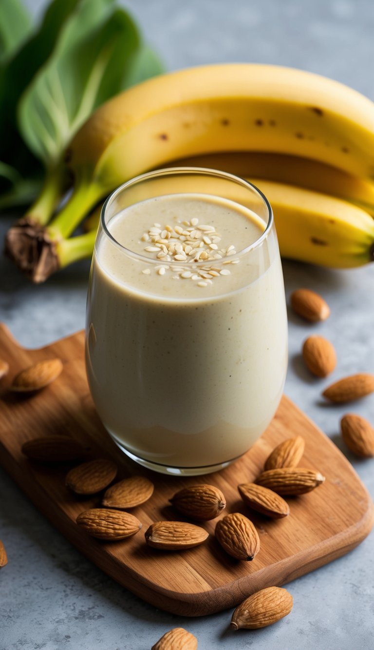 A glass filled with a creamy, pale yellow smoothie surrounded by fresh bananas and almonds
