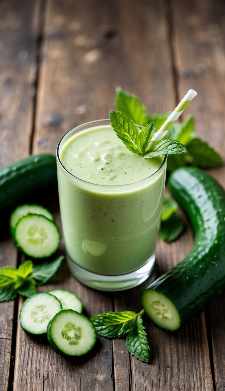 A refreshing cucumber mint smoothie surrounded by fresh cucumbers and mint leaves on a rustic wooden table