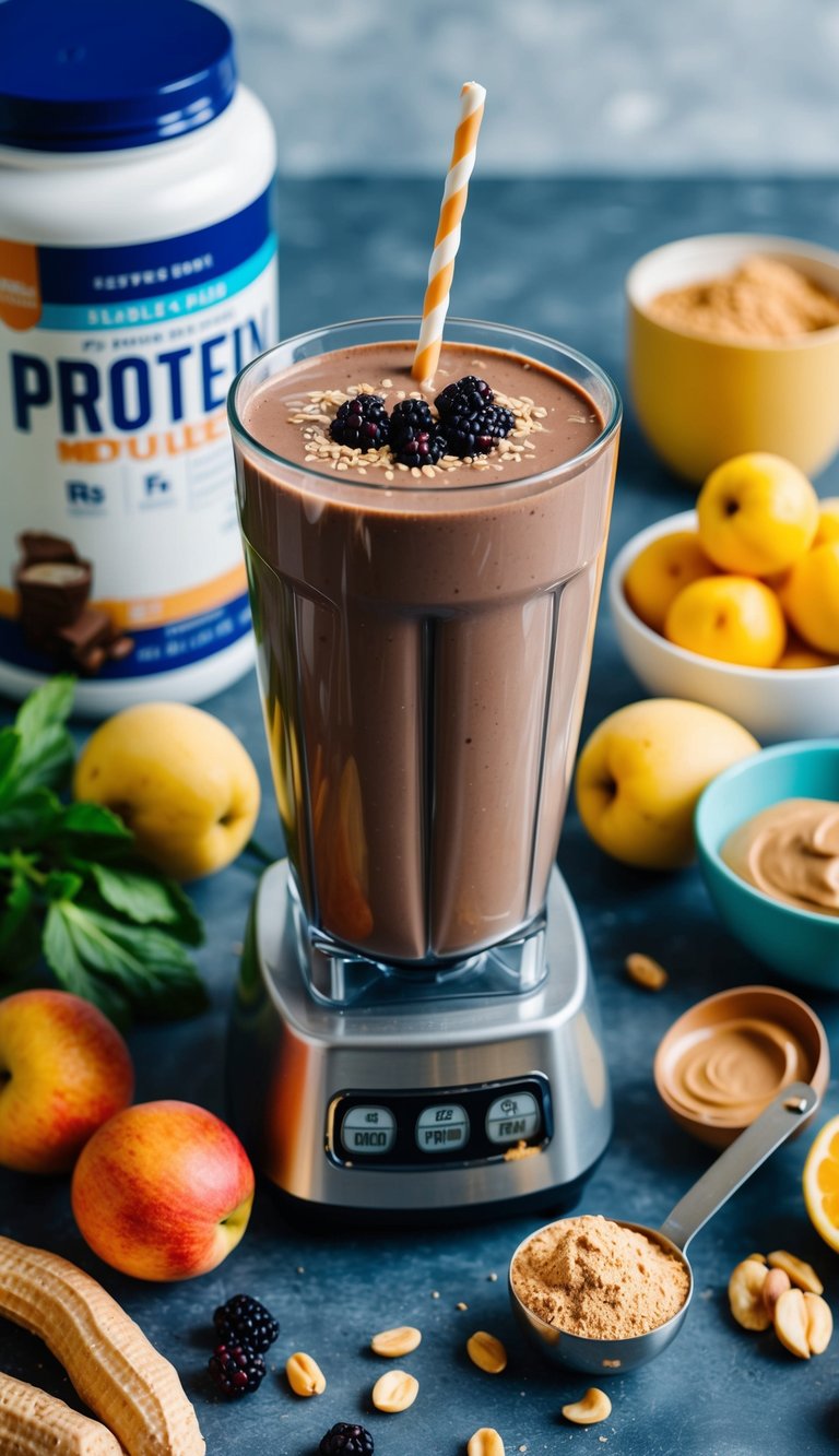 A blender filled with chocolate peanut butter protein smoothie surrounded by fresh fruits and a protein powder container