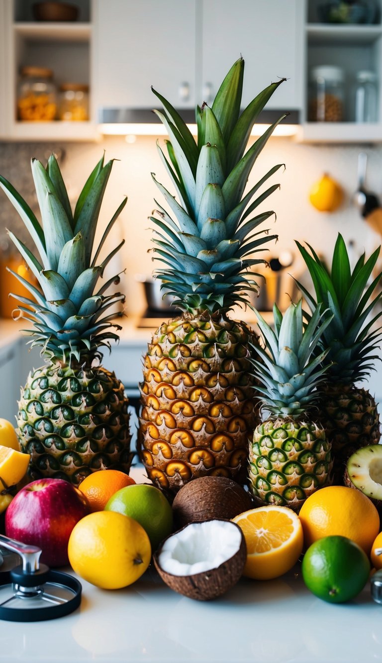 A colorful array of fresh pineapple, coconut, and other fruits, surrounded by a blender and various kitchen utensils