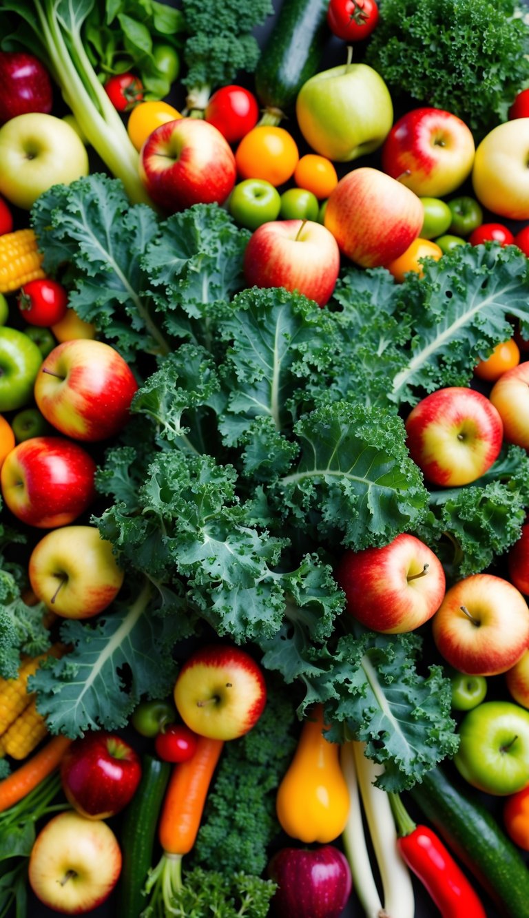 A vibrant array of fresh kale and apples, surrounded by a variety of colorful fruits and vegetables, blending together in a whirl of energy and vitality
