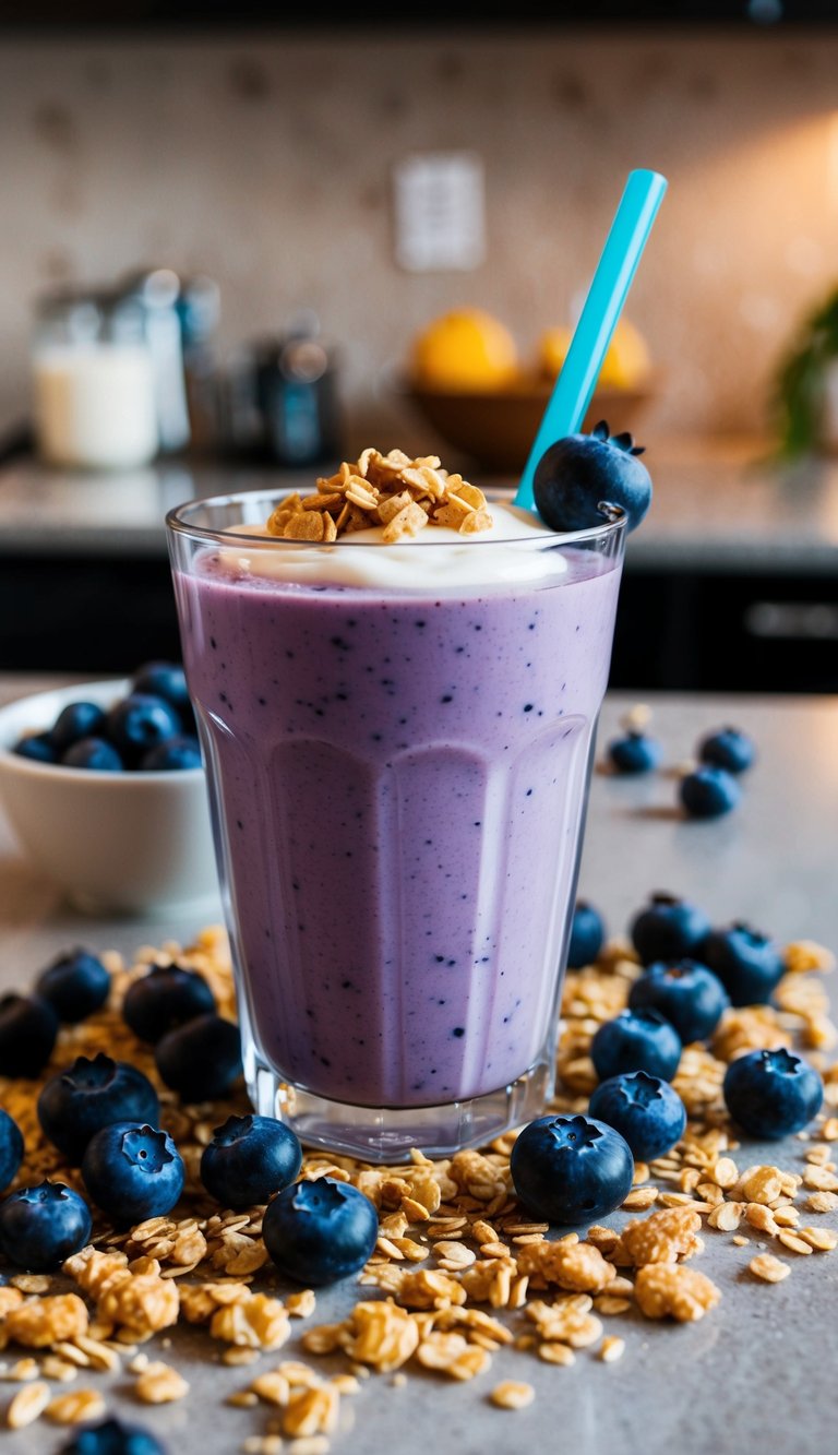 A vibrant blueberry yogurt smoothie surrounded by fresh blueberries, a dollop of yogurt, and a sprinkle of granola, all on a busy kitchen counter