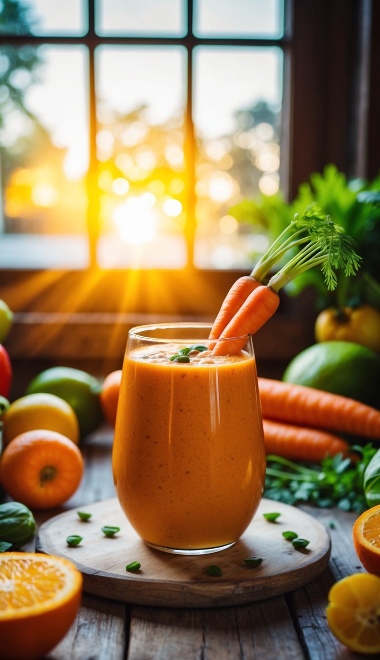 A vibrant orange carrot sunrise smoothie sits on a rustic wooden table surrounded by fresh fruits and vegetables. Sunlight streams through a window, casting a warm glow on the scene