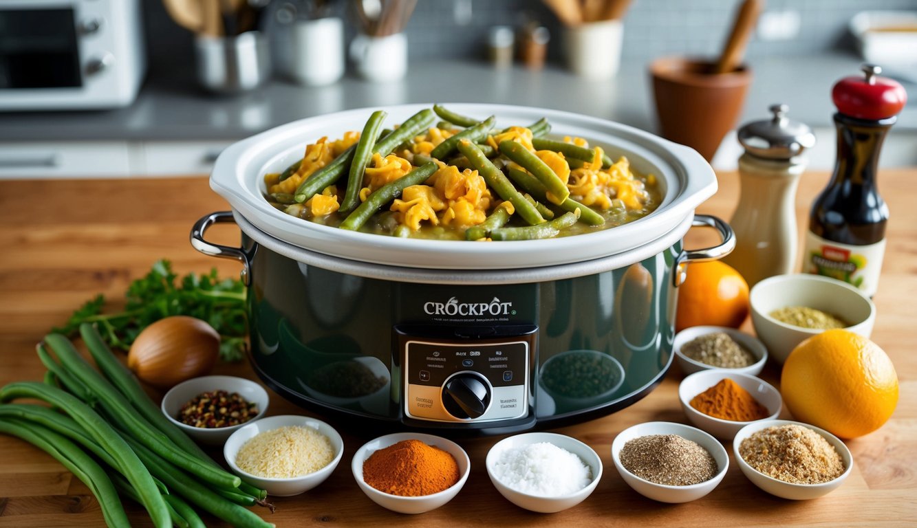 A crockpot filled with green bean casserole surrounded by various ingredients and spices on a kitchen counter