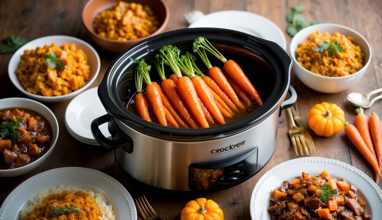 A crockpot filled with honey glazed carrots surrounded by Thanksgiving side dishes
