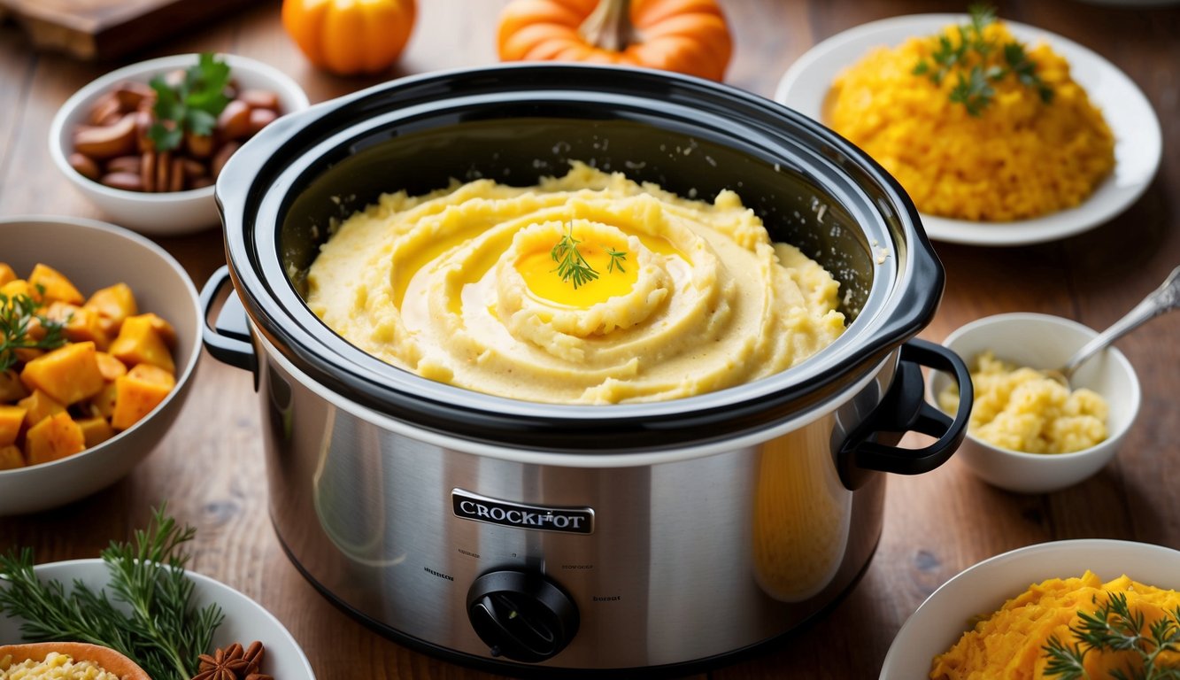 A crockpot filled with creamy garlic mashed potatoes surrounded by Thanksgiving side dishes