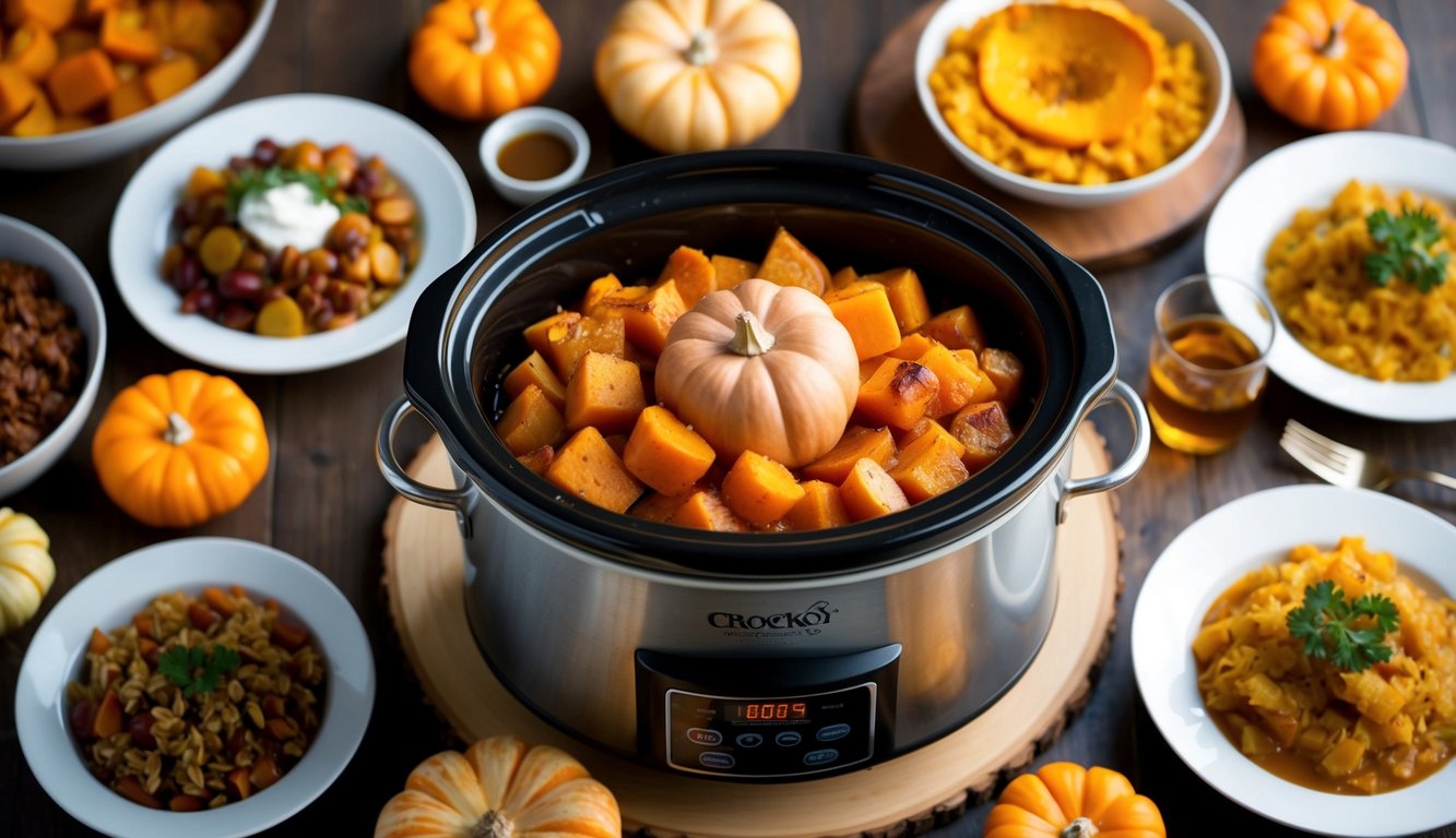 A crockpot filled with maple roasted butternut squash, surrounded by various Thanksgiving side dishes