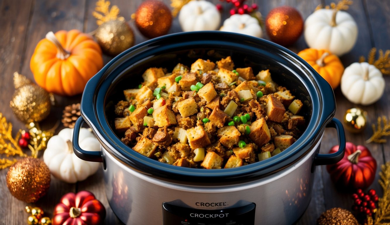 A crockpot filled with savory stuffing surrounded by festive Thanksgiving decorations