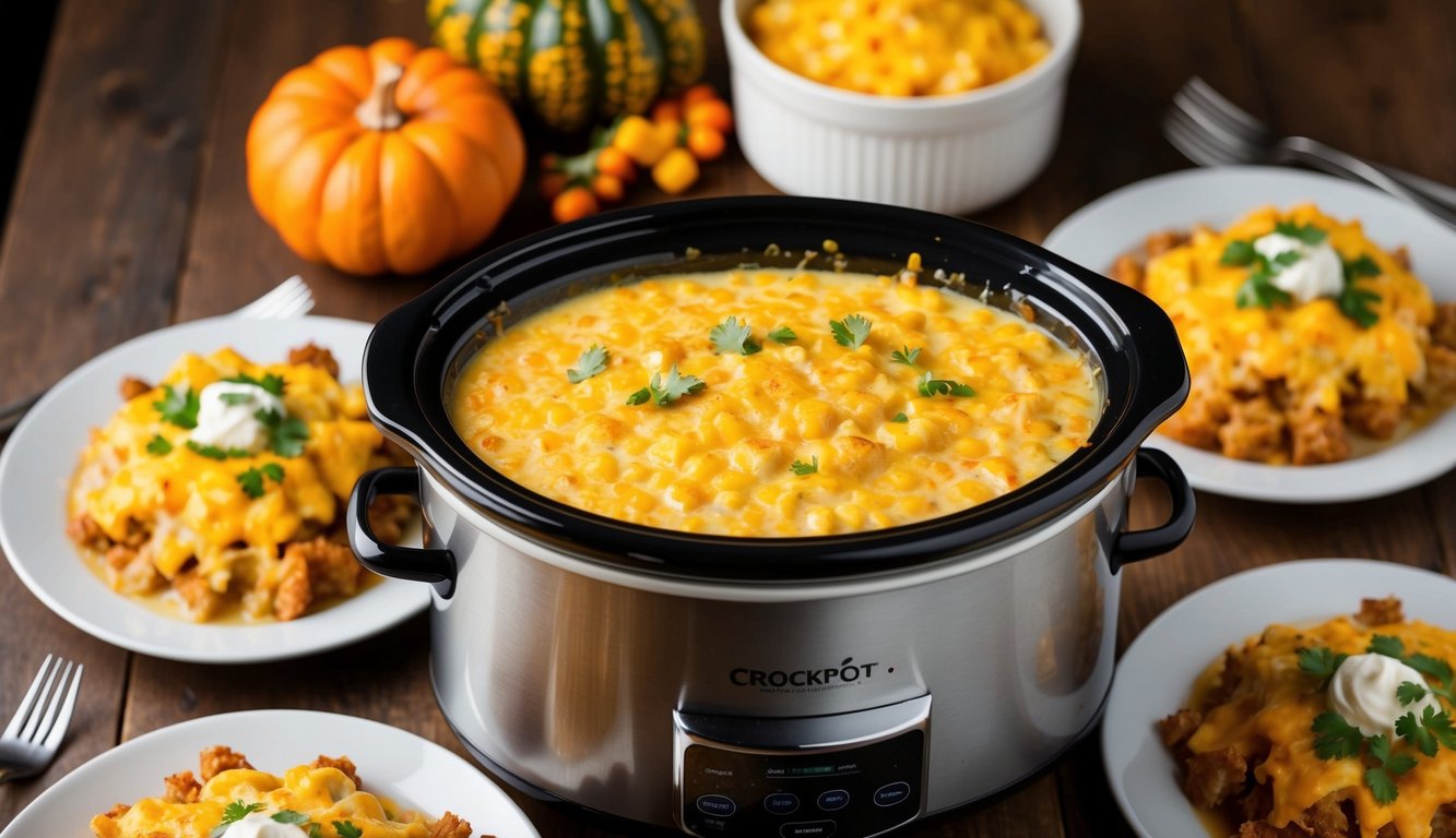 A bubbling crockpot filled with cheesy corn casserole surrounded by Thanksgiving side dishes