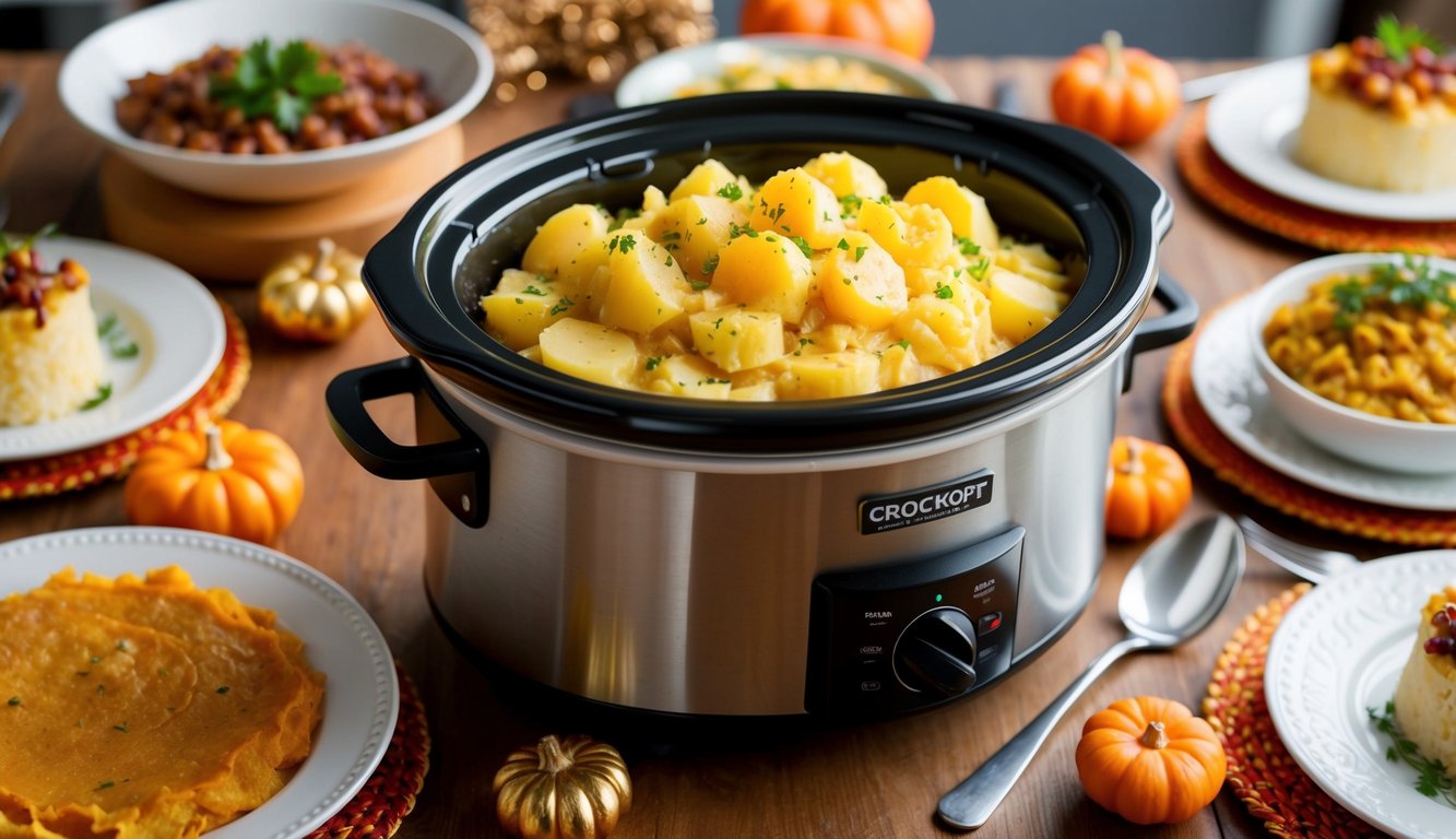 A crockpot filled with creamy scalloped potatoes surrounded by various Thanksgiving side dishes on a festive table setting