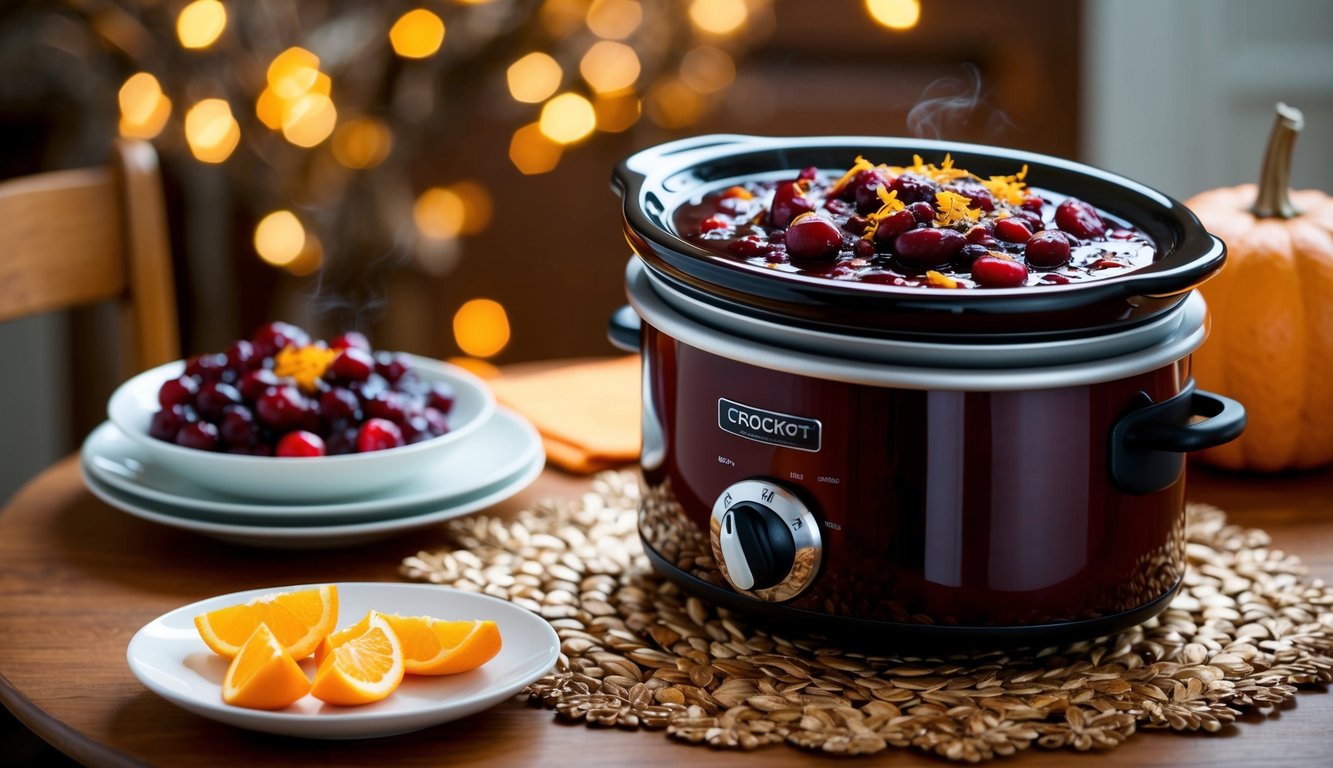A crockpot filled with cranberry sauce and orange zest simmering on a Thanksgiving table
