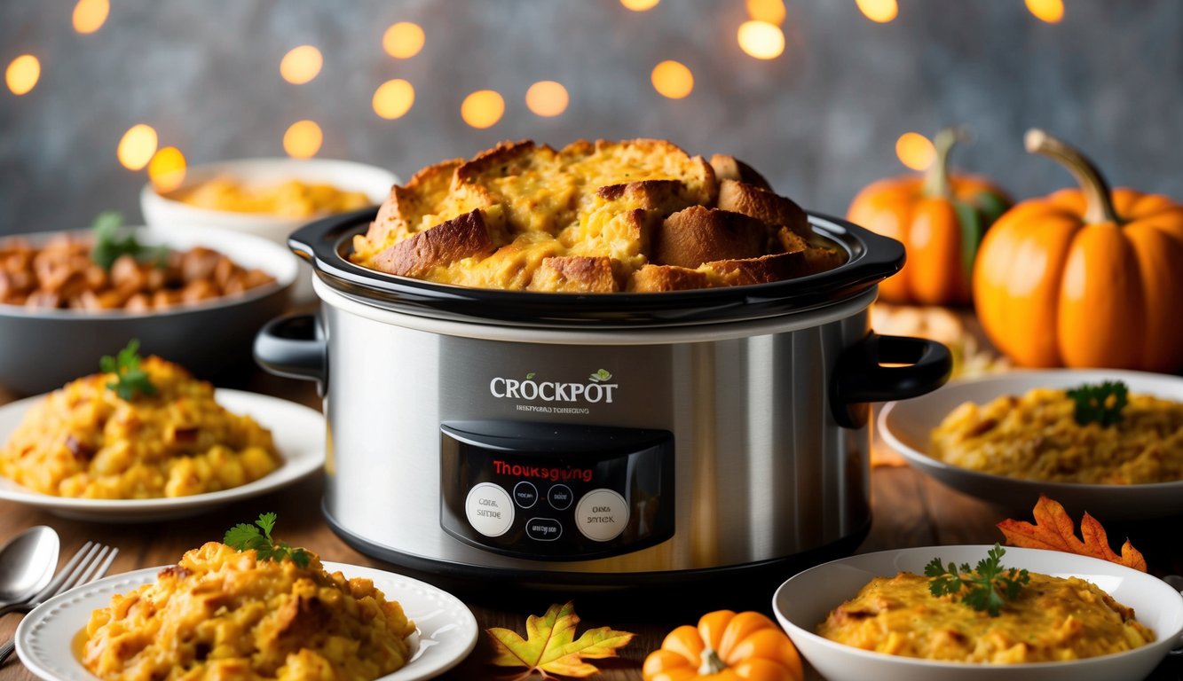A crockpot filled with savory bread pudding surrounded by Thanksgiving side dishes