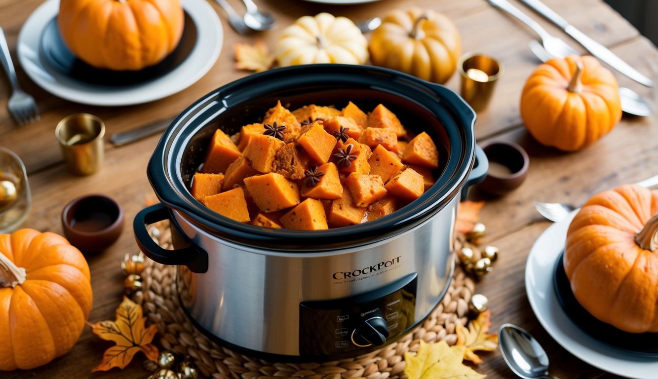 A crockpot filled with sweet potatoes and pumpkin spice, surrounded by Thanksgiving table setting