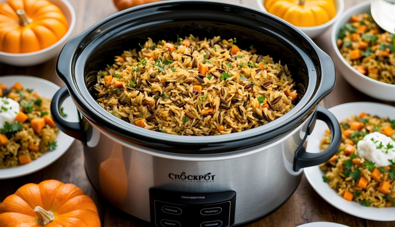 A crockpot filled with herbed wild rice pilaf surrounded by Thanksgiving side dishes
