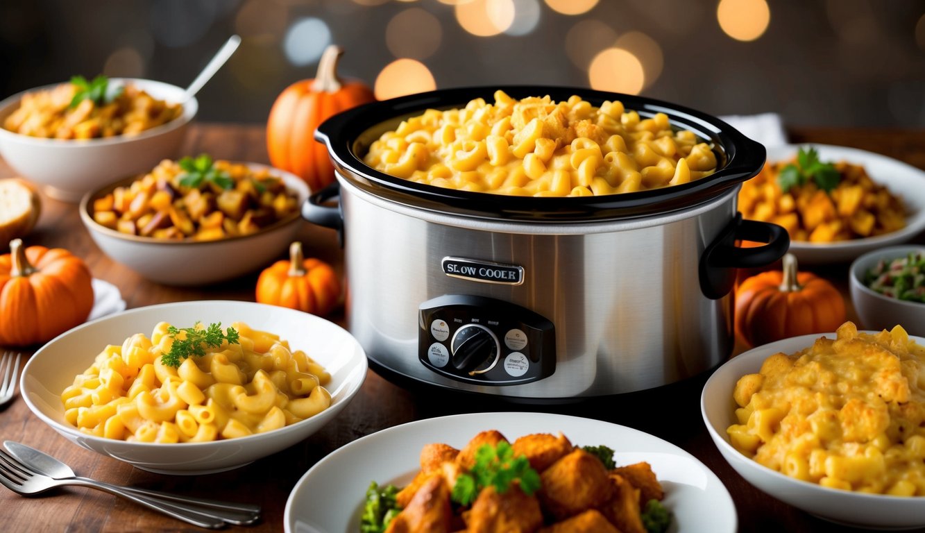 A slow cooker filled with creamy mac and cheese surrounded by various Thanksgiving side dishes