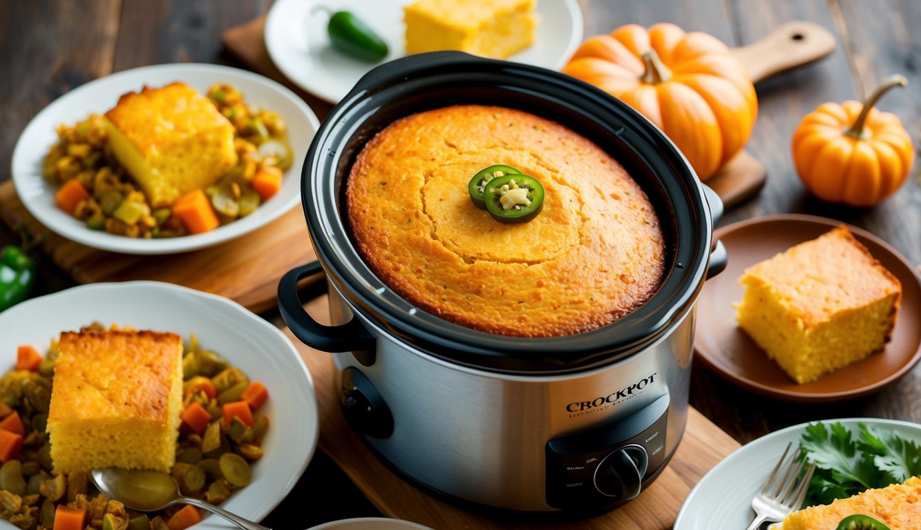 A rustic crockpot filled with spicy jalapeño cornbread surrounded by Thanksgiving side dishes