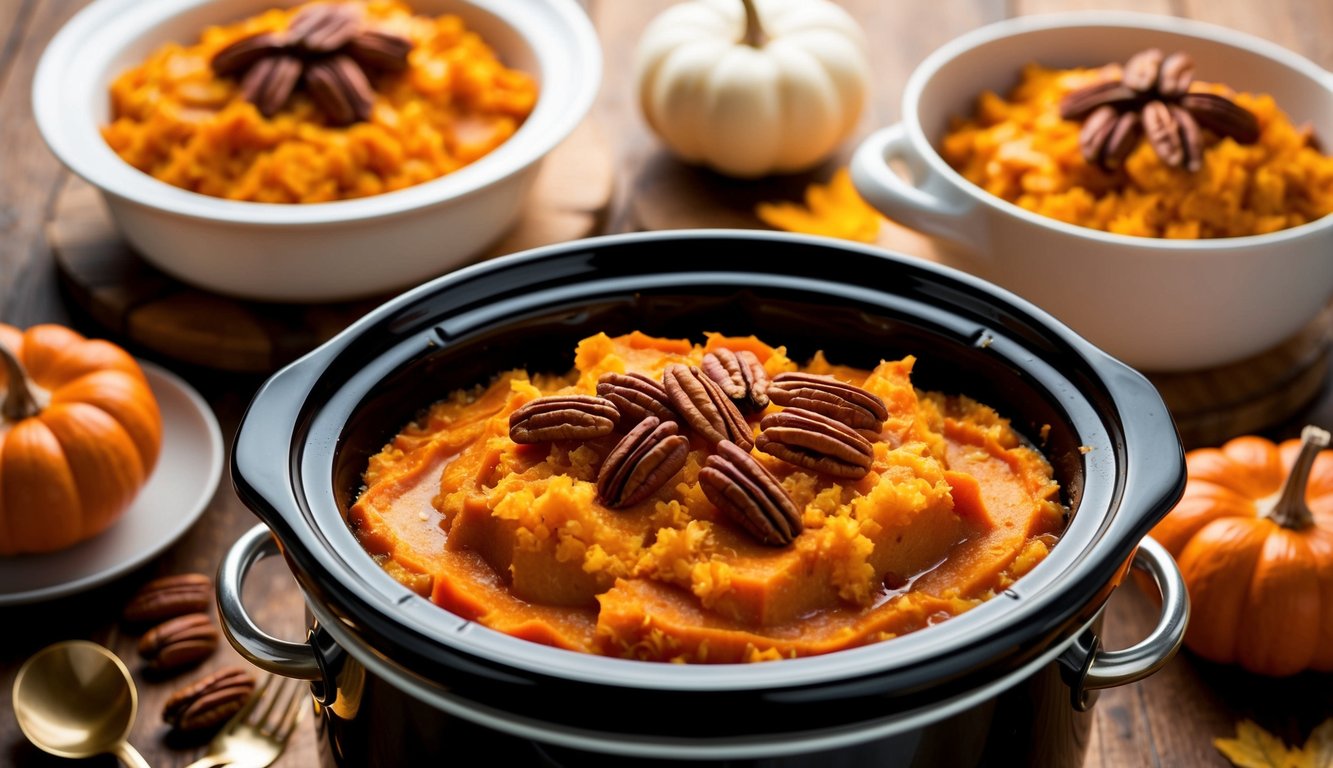 A crockpot filled with sweet potato casserole, topped with pecans, surrounded by other Thanksgiving side dishes