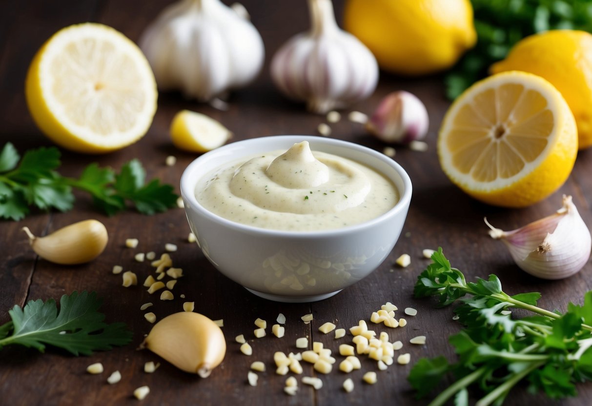 A small bowl of creamy garlic aioli surrounded by fresh ingredients like garlic cloves, lemons, and herbs