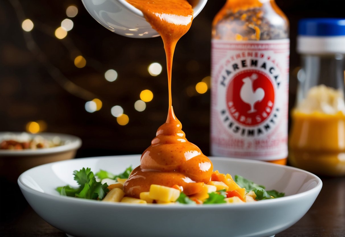 A dollop of spicy sriracha mayo being drizzled over a dish of homemade condiments