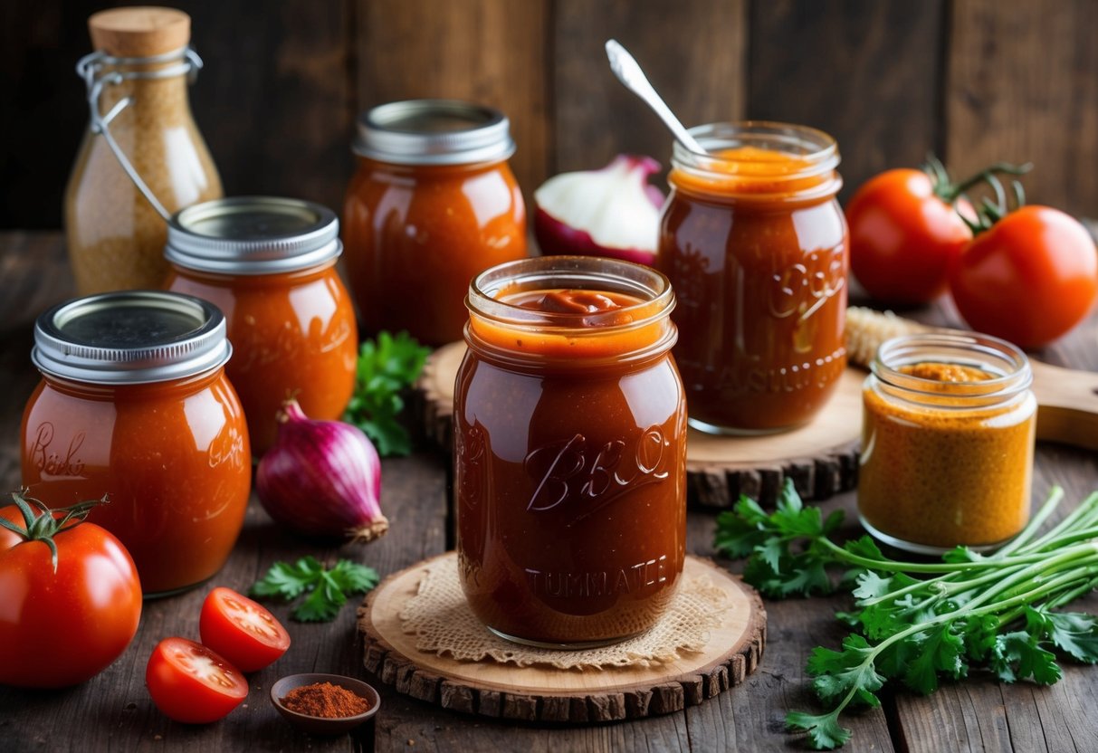 A rustic wooden table with jars of homemade BBQ sauce and other condiments, surrounded by fresh ingredients like tomatoes, onions, and spices
