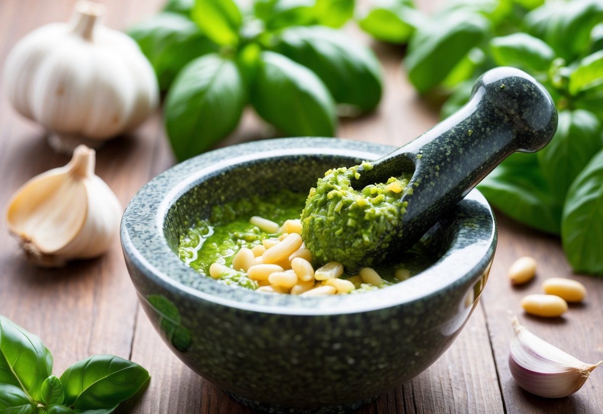 A mortar and pestle crushing fresh basil, garlic, pine nuts, and parmesan cheese into a vibrant green pesto sauce