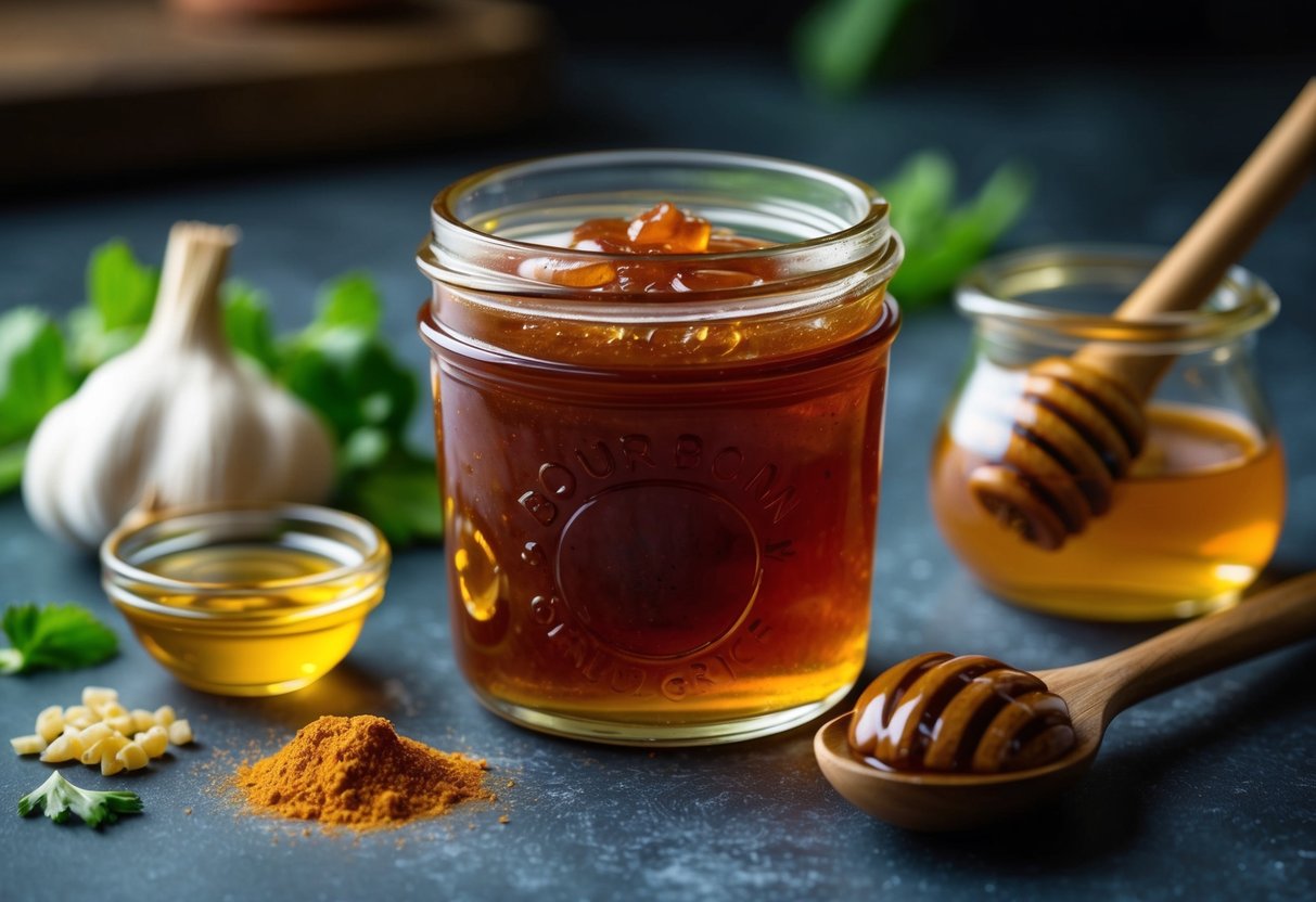 A small glass jar filled with sweet bourbon glaze, surrounded by fresh ingredients like garlic, honey, and spices