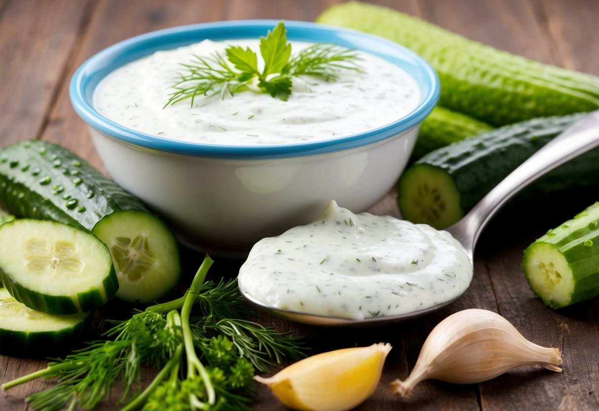 A bowl of creamy tzatziki surrounded by fresh ingredients like cucumbers, dill, and garlic. A dollop of the sauce sits on a spoon next to the bowl