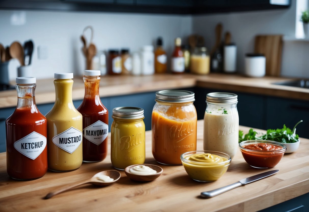A kitchen counter with various jars and bottles filled with homemade condiments such as ketchup, mustard, mayonnaise, and salsa. A spoon and knife are nearby