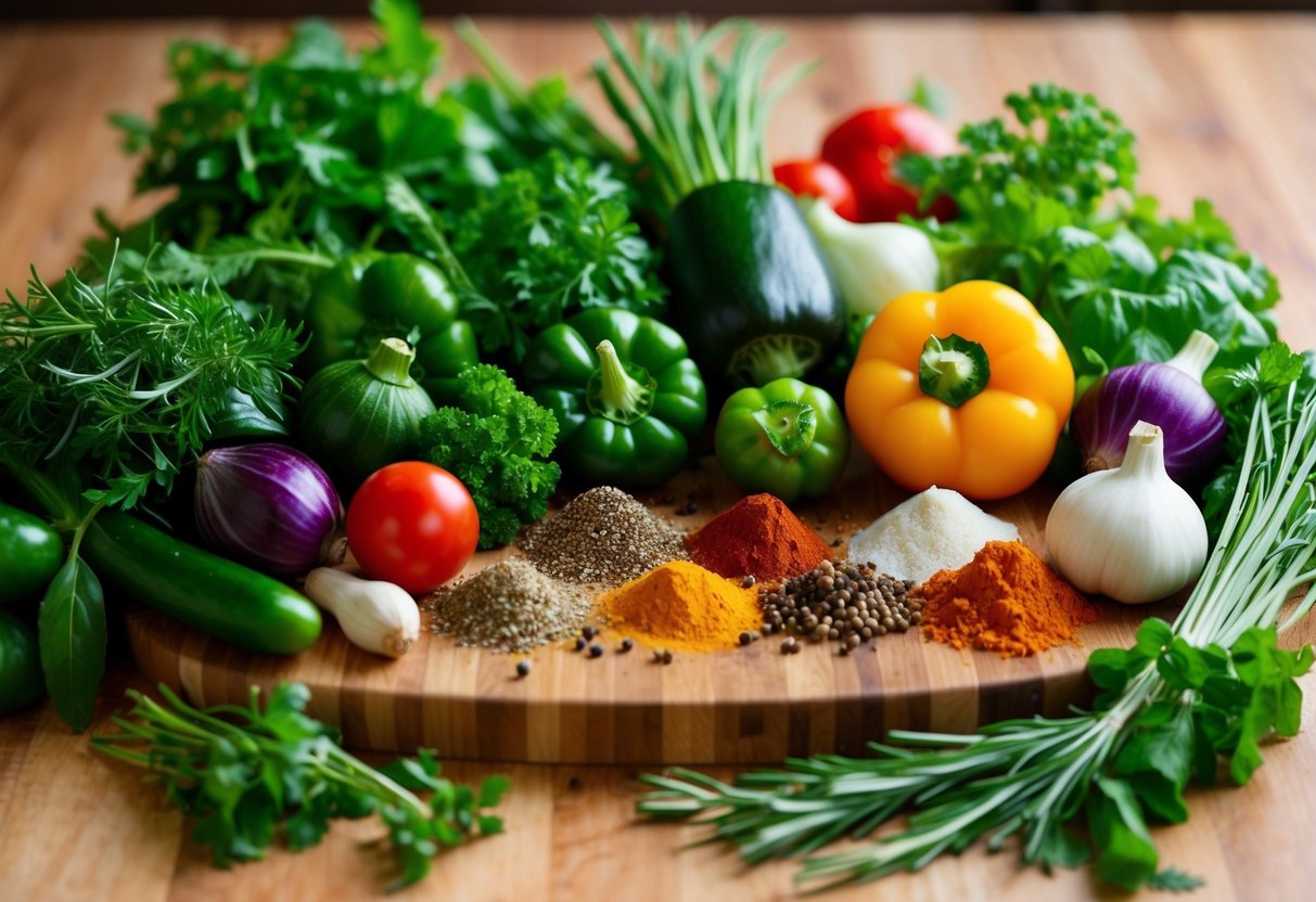 A vibrant array of fresh herbs, spices, and vegetables arranged on a wooden cutting board, ready to be transformed into homemade condiments