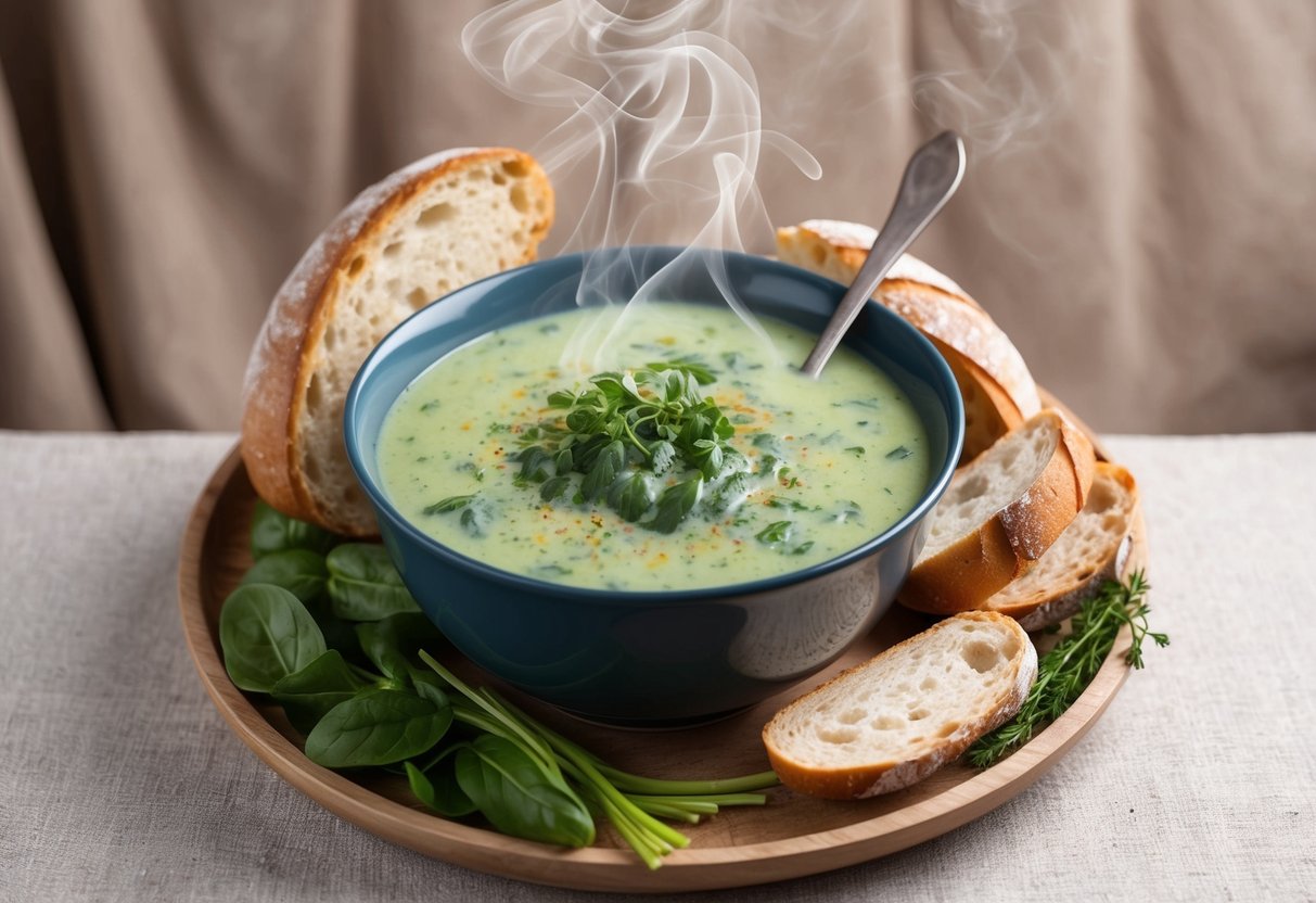 A steaming bowl of creamy spinach soup surrounded by rustic bread and a sprinkle of fresh herbs, set against a cozy backdrop