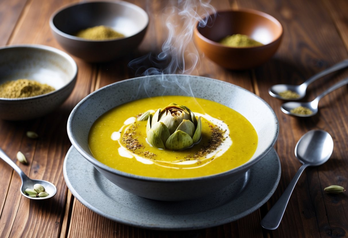 A steaming bowl of Jerusalem artichoke soup with a sprinkle of cardamom, surrounded by rustic bowls and spoons on a wooden table