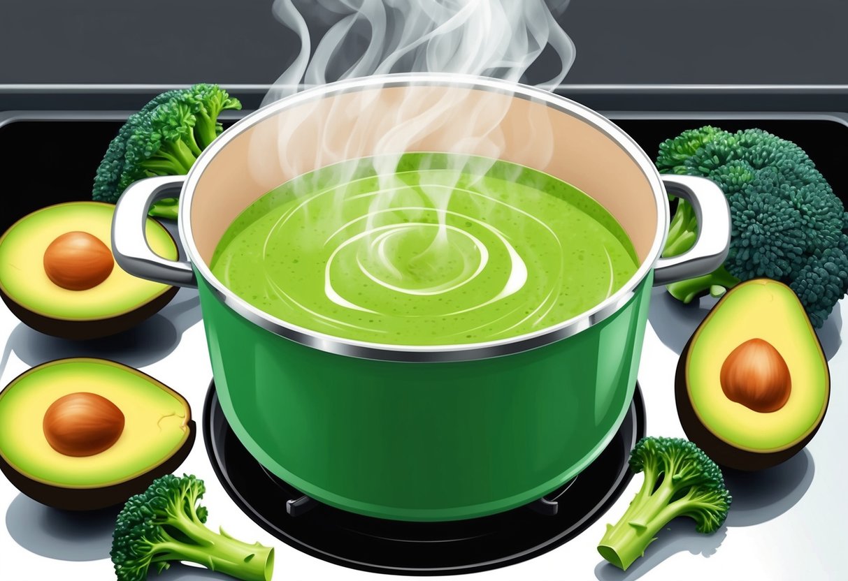 A pot of creamy green soup simmering on a stove, surrounded by vibrant avocados and broccoli
