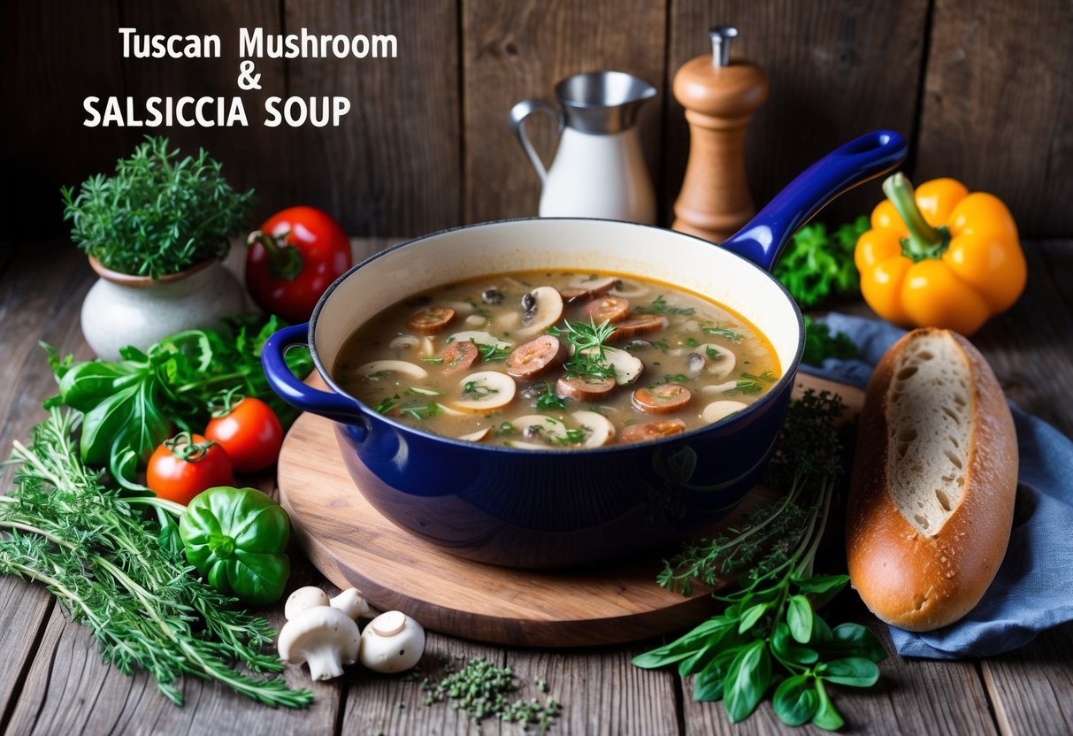 A rustic kitchen with a bubbling pot of Tuscan Mushroom & Salsiccia Soup surrounded by fresh herbs, vegetables, and a loaf of crusty bread