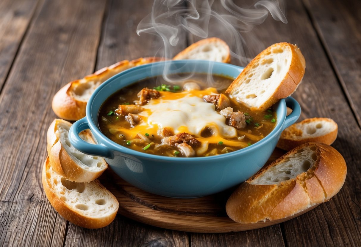A steaming bowl of French onion soup, topped with gooey melted cheese and surrounded by crusty bread, sits on a rustic wooden table