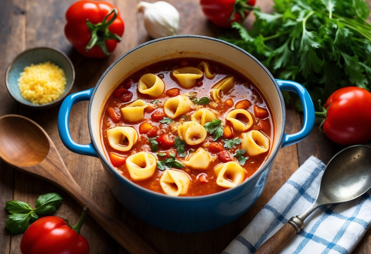 A bubbling pot of paprika and tortellini soup surrounded by fresh ingredients and a rustic wooden spoon