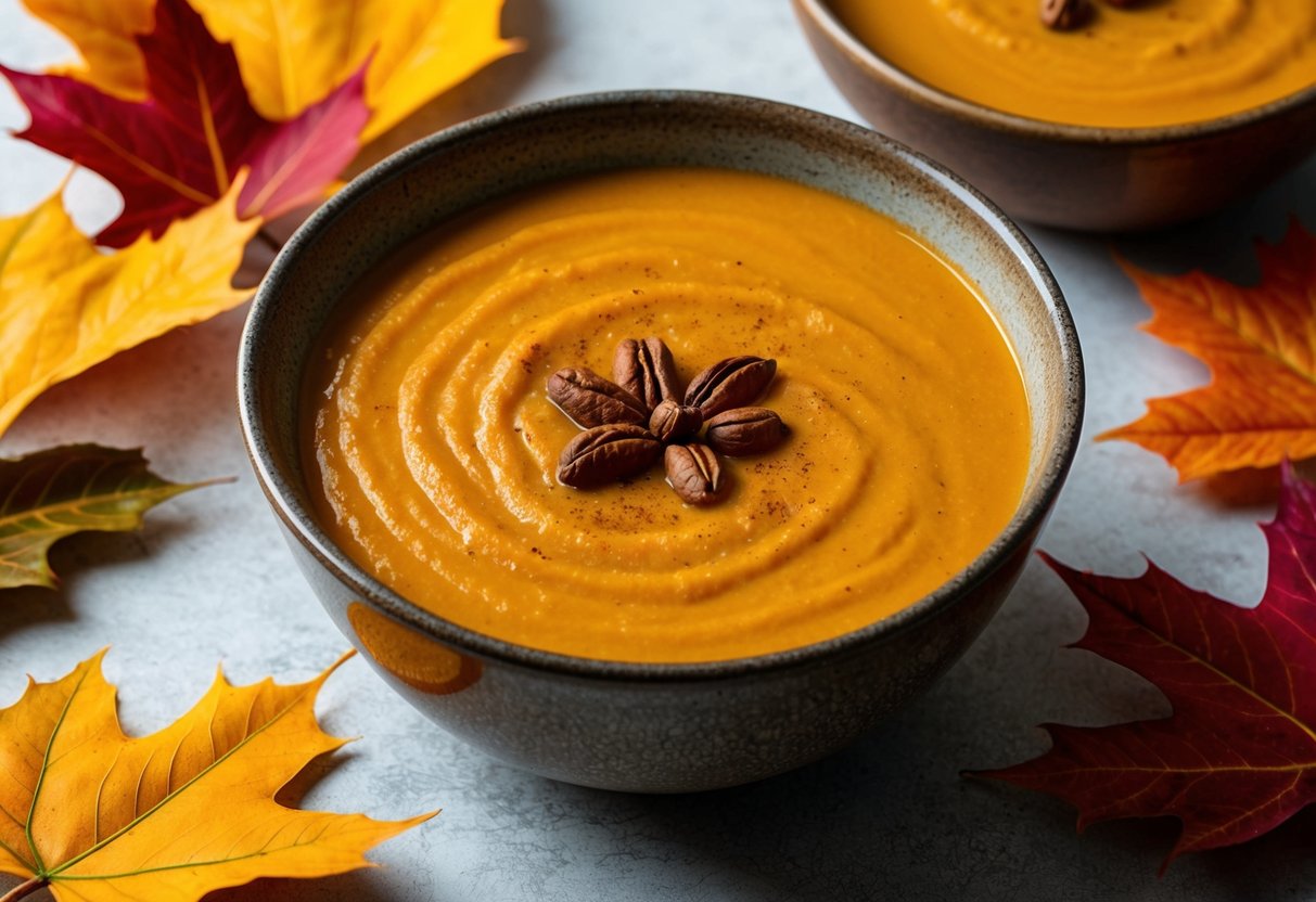 A steaming bowl of spiced pumpkin bisque surrounded by autumn leaves and a rustic bowl
