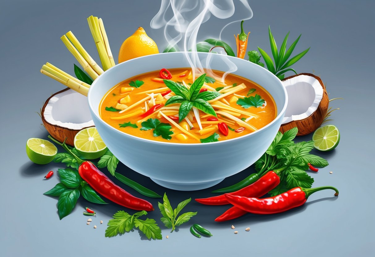 A steaming bowl of Spicy Thai Coconut Soup surrounded by vibrant ingredients like lemongrass, chili peppers, and fresh herbs, with a hint of coconut milk