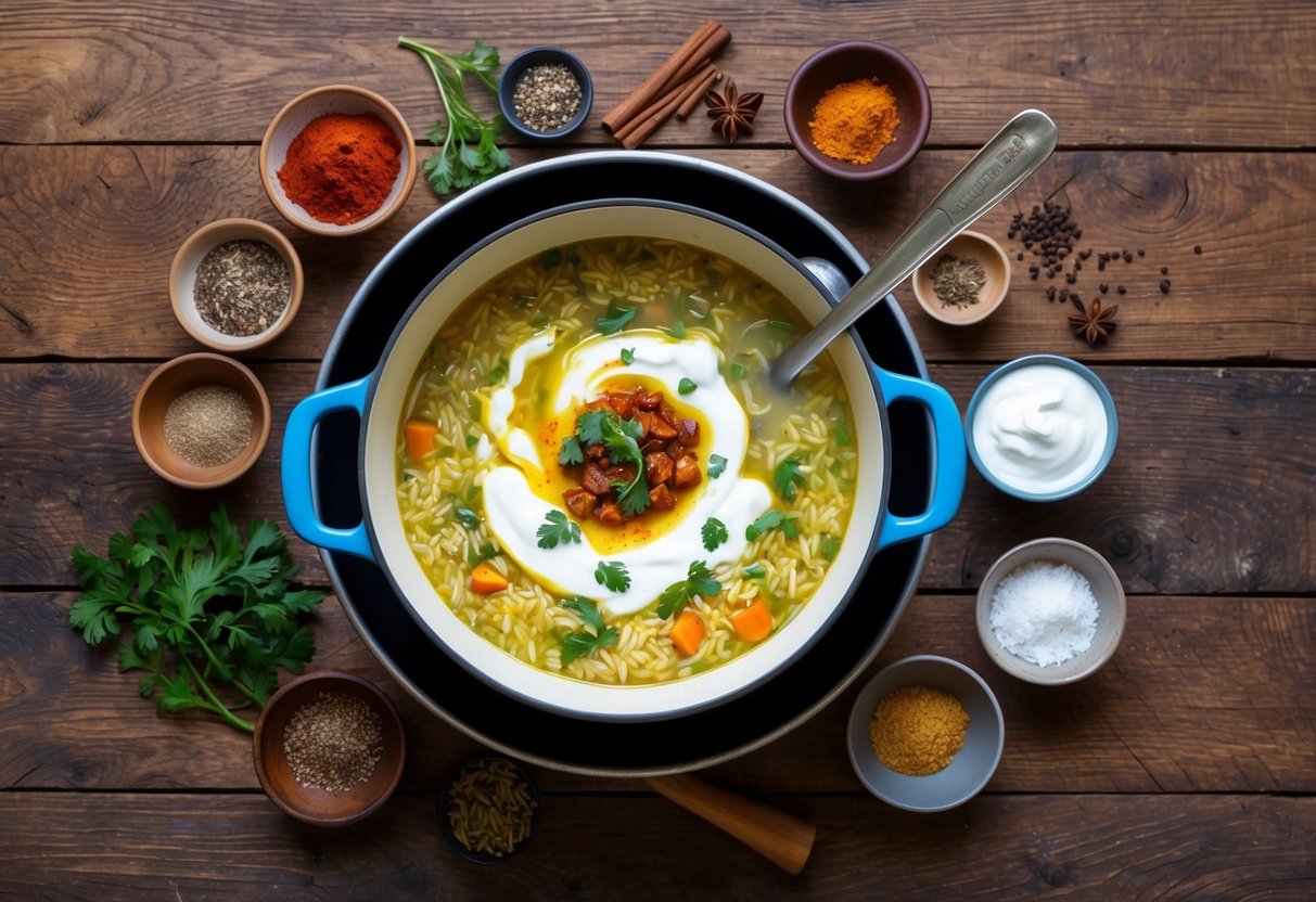A steaming pot of Kurdish yogurt and rice soup surrounded by various ingredients and spices on a rustic wooden table