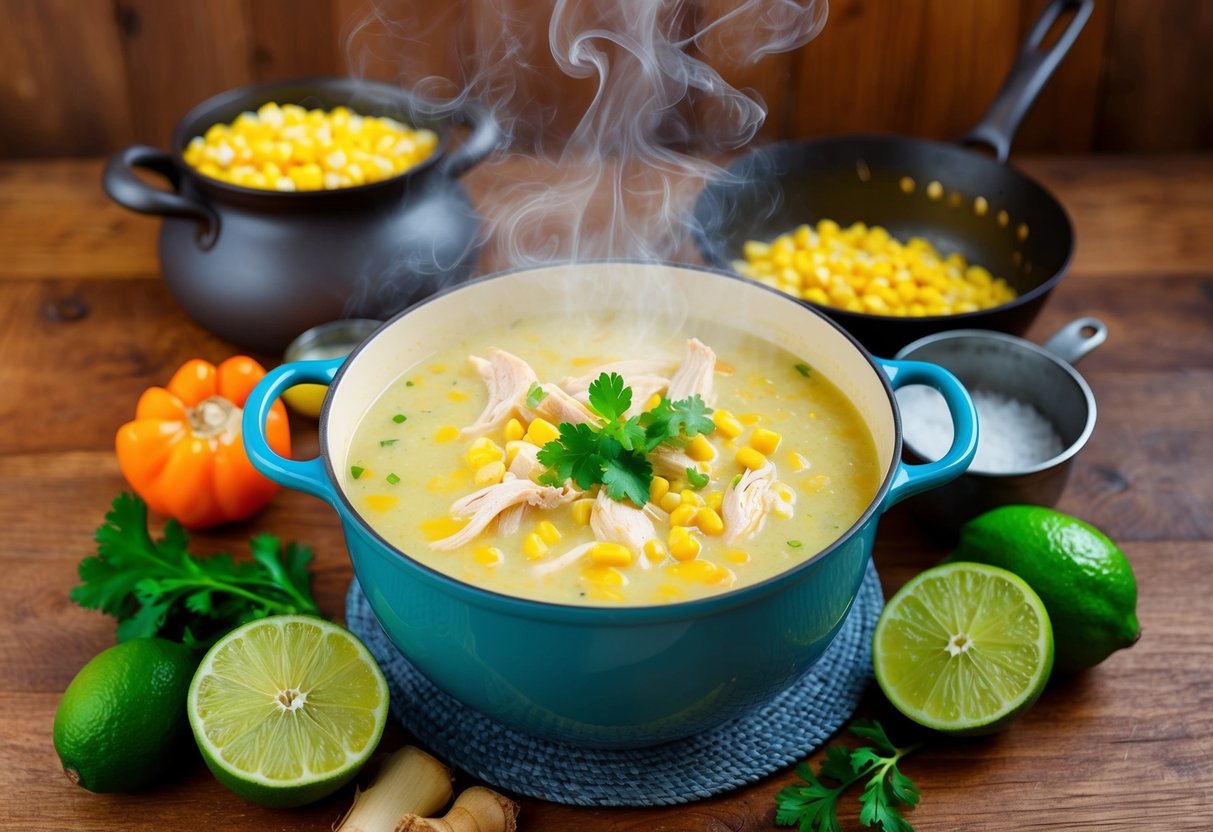 A steaming pot of lime-ginger chicken and corn chowder surrounded by fresh ingredients and rustic cookware on a wooden kitchen counter