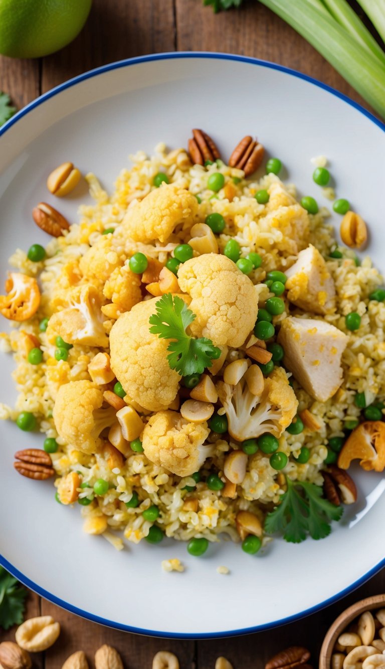 A colorful plate of cauliflower fried rice with chicken, surrounded by high-protein ingredients like eggs, nuts, and vegetables